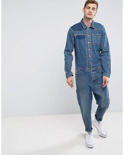 ASOS Denim Boiler Suit In Vintage Mid Wash With Shadow Patching And Hem Detail - Blue