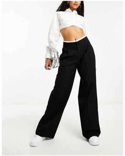 Stradivarius Tailored Wide Leg Trousers With Double Waistband - Black