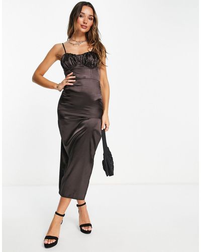 Flounce London Satin Midi Dress With Ruched Cup Details - Brown