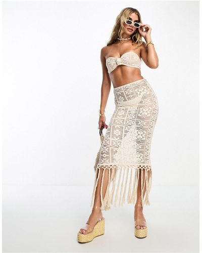 ASOS Crochet Lace Maxi Beach Skirt Co-ord With Fringing - White