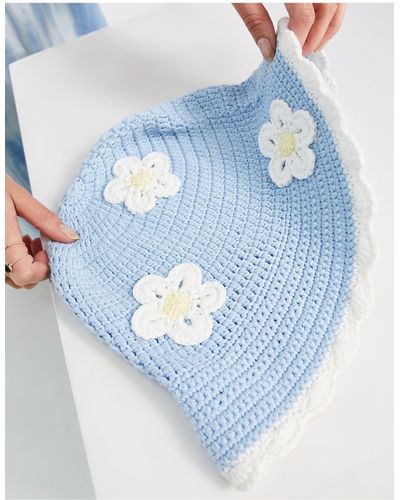 ASOS Crochet Bucket Hat With Daisy Embroidery - Blue