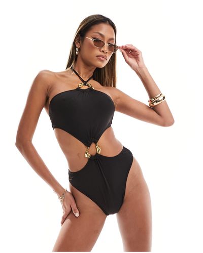 SIMMI Simmi Strappy Halterneck Cut Out Swimsuit With Gold Hardware Detail - Black