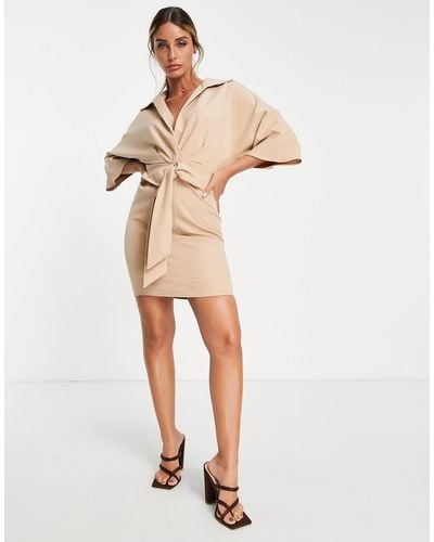 ASOS Collared Wrap Front Batwing Mini Dress With Knot - Natural