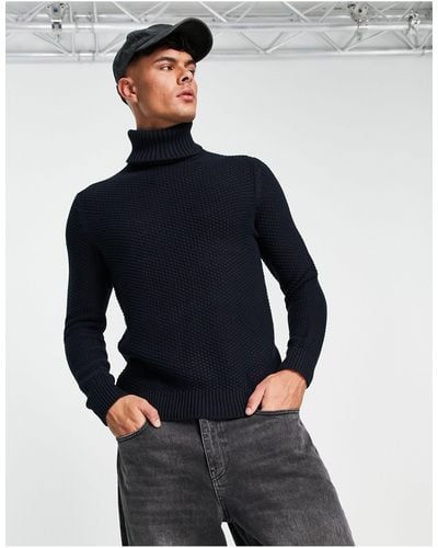 Only & Sons Textured Roll Neck Knitted Sweater - Blue