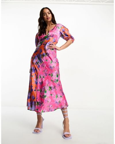 Hope & Ivy Contrast Print Satin Midi Dress - Pink