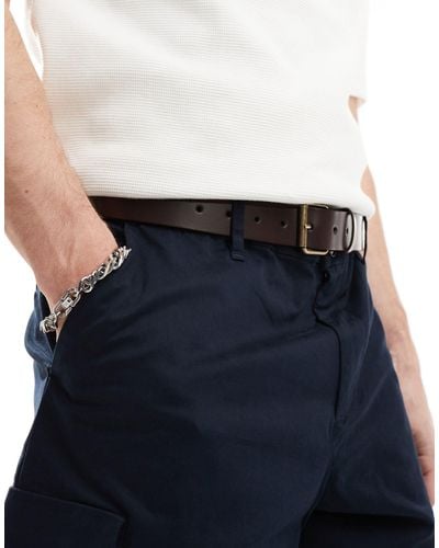ASOS Leather Belt With Burnished Gold Roller Buckle - Blue