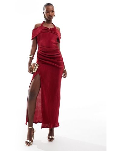 ASOS Plisse Bardot Midi Dress With Halter Strap Detail - Red