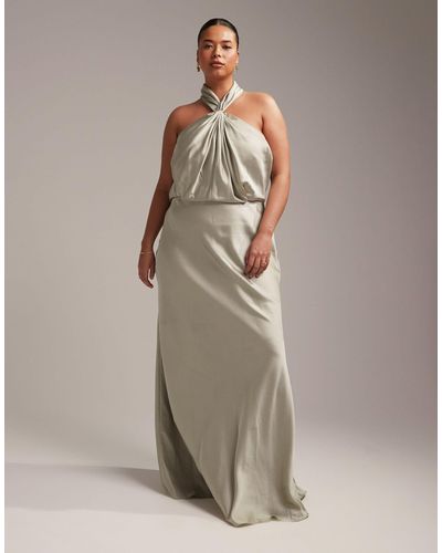 ASOS Asos Design Bridesmaid Curve Satin Ruched Halter Neck Maxi Dress - Natural