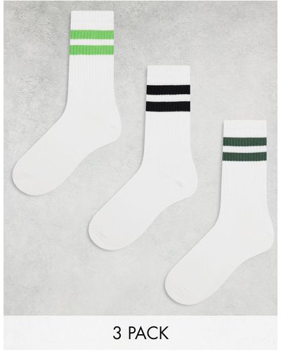 Weekday Confezione da 3 paia di calzini sportivi bianchi con righe nere e verdi - Bianco