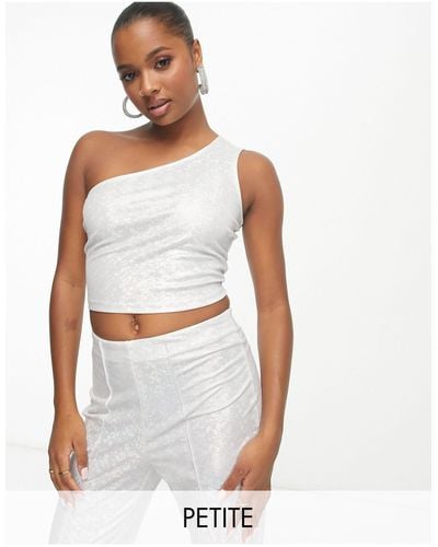 Pieces Premium One Shoulder Holographic Top Co-ord - White