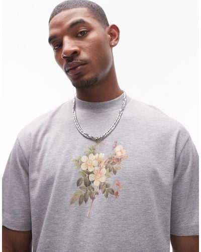 TOPMAN Premium Oversized Fit T-shirt With Rose Embroidery Print - Gray
