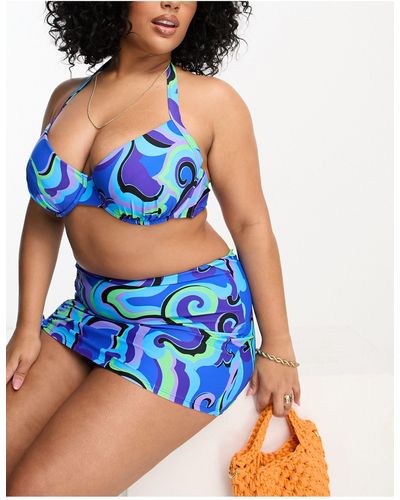 Simply Be Top bikini con stampa astratta, scollo profondo e ferretto - Blu