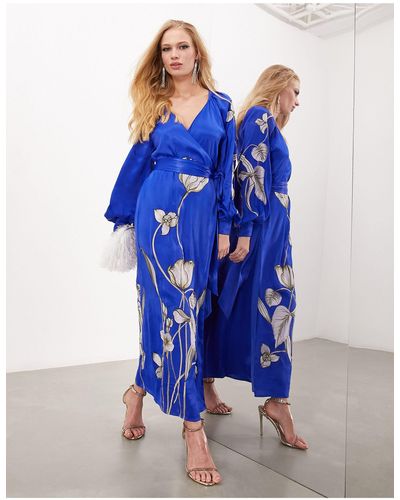ASOS Satijnen Midi-jurk Met Overslag En Geborduurde Tulpen - Blauw
