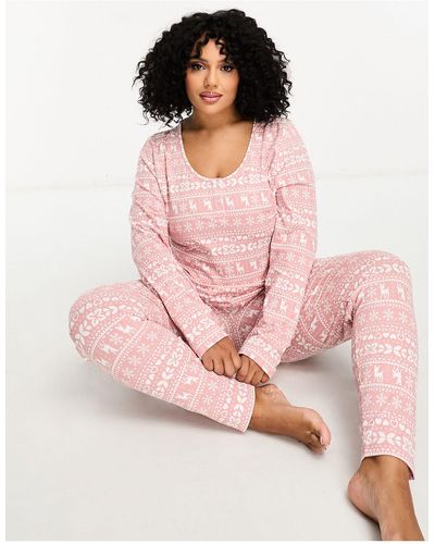 ASOS Asos Design Curve Christmas Fair Isle Glam Long Sleeve Top & leggings Pajama Set - Pink