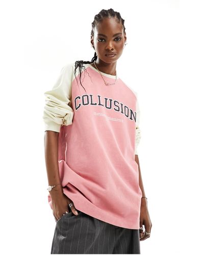 Collusion – langärmliges sweatshirt mit college-print und geteiltem design - Pink