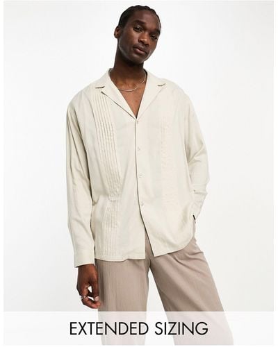 ASOS 90's Oversized Deep Revere Viscose Shirt With Pleated Front - Natural