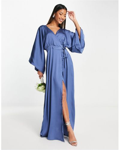 TFNC London Bridesmaid Kimono Sleeve Satin Wrap Maxi Dress - Blue