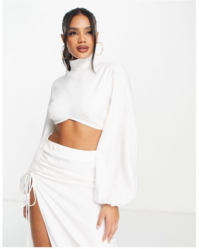 Aria Cove High Neck Volume Sleeve Cropped Top - White