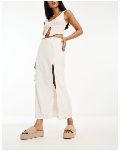 NA-KD Linen Side Slit Midi Skirt - Natural