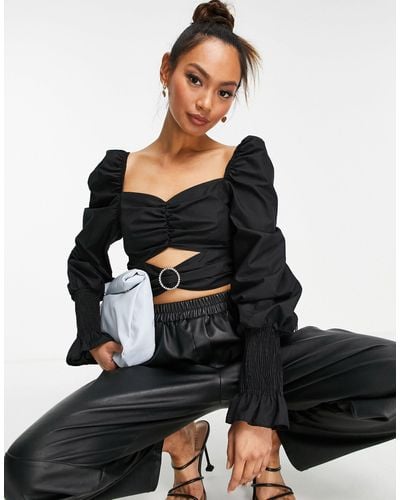 River Island Puff-sleeved Cut-out Crop Top - Black