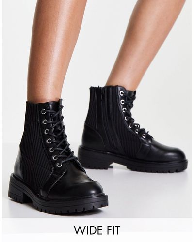 New Look Knitted Lace Up Flat Boot - Black