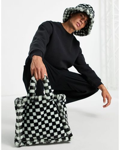 ASOS Co-ord Faux Fur Tote Bag With Checkerboard Design - Black