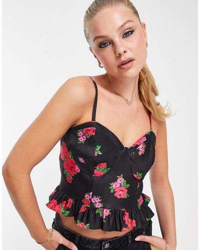 New Look Crop top a corsetto a fiori - Nero