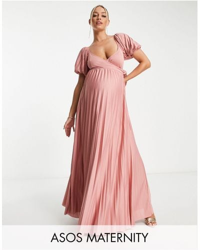 ASOS Asos Design Maternity Puff Sleeve Wrap Maxi Dress - Pink