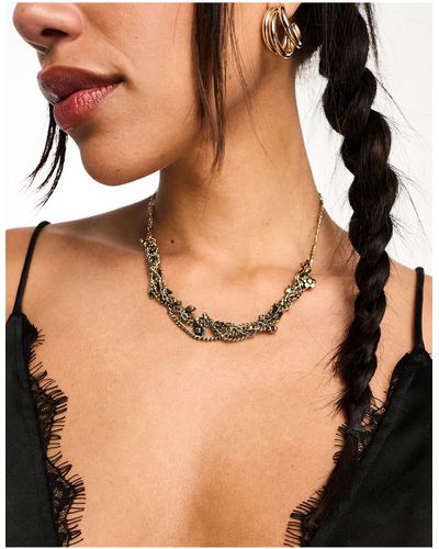 Reclaimed (vintage) Rose Detail Twist Burnished Delicate Necklace - Black