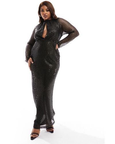 ASOS Asos Design Curve Sheer Sequin Mesh Maxi Dress With Drape Bodice And Bodysuit - Black