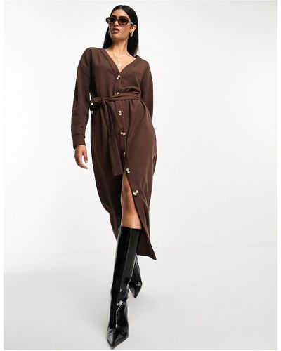 ASOS Supersoft Button Through Maxi Cardigan Belted Dress - Brown