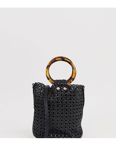 Mango Woven Bucket Bag With Tortoiseshell Handles In Black