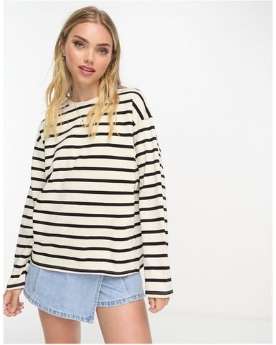 Pull&Bear Long Sleeve Oversized T-shirt With Stripe Detail - White