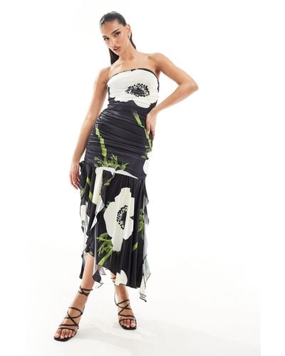 AX Paris Slinky Ruched Bandeau Asymmetric Ruffle Hem Maxi Dress - Multicolour