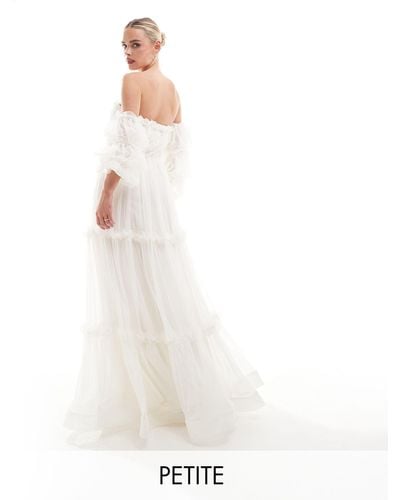 LACE & BEADS Bubble Sleeve Ruffle Maxi Dress - White
