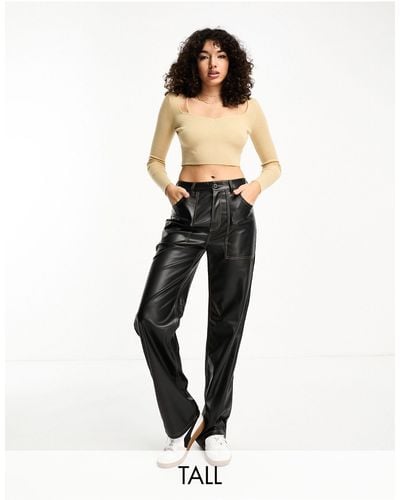 ONLY High Waisted Wide Leg Faux Leather Contrast Stitch Pants - Black