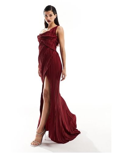 ASOS Plisse One Shoulder Premium Drape Maxi Dress With Super High Split - Red