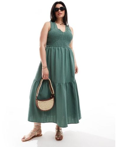 ASOS Asos Design Curve V-neck Crinkle Midi Sundress With Tiered Skirt - Green