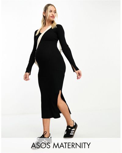 ASOS Asos Design Maternity Knitted Midi Dress With V Neck - Black