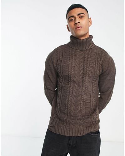 Jack & Jones Cable Knit Roll Neck Sweater - Gray