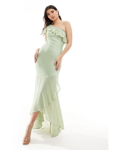 TFNC London Bridesmaid Satin One Shoulder Ruffle Maxi Dress - Green