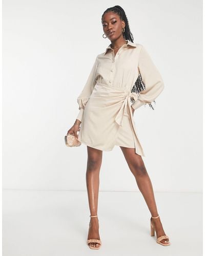 In The Style X Terrie Mcevoy Button Through Wrap Detail Shirt Dress - Natural