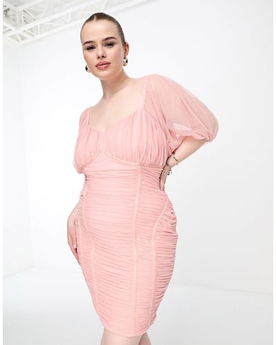 Simply Be Contour Bodycon Mini Dress With Puff Sleeves - Pink