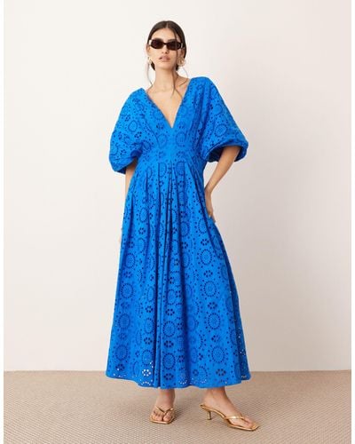 ASOS Broderie Wide Sleeve Plunge Midi Dress - Blue