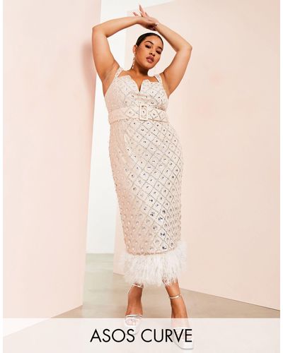ASOS Curve V Neck Square Grid Embellished Midi Dress With Faux Feather Trim - Natural