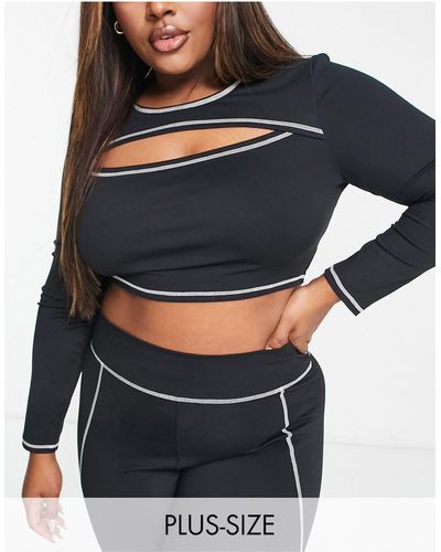 South Beach Plus Over Lock Stitch Cut Out Long Sleeve Top - Black