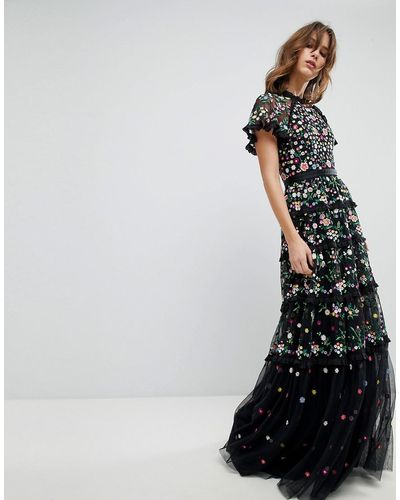Needle & Thread Embroidered Floral Gown With High Neck And Tiered Skirt - Black