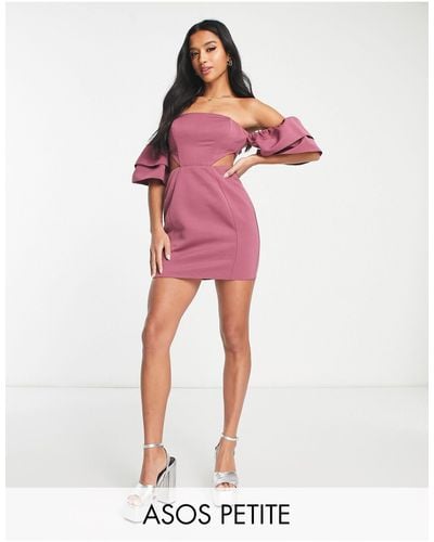 ASOS Asos Design Petite Off Shoulder Mini Dress With Sleeve Detail And Cut Out Waist - Red