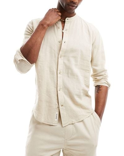 Pull&Bear Linen Look Long Sleeve Grandad Neck Shirt - White