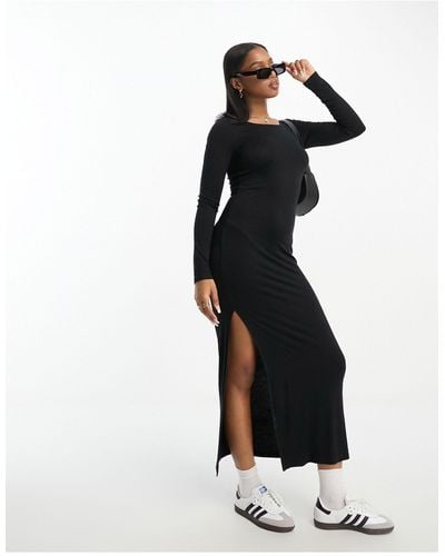 Monki Long Sleeve Jersey Scoop Neck Dress With Slit Side - Black